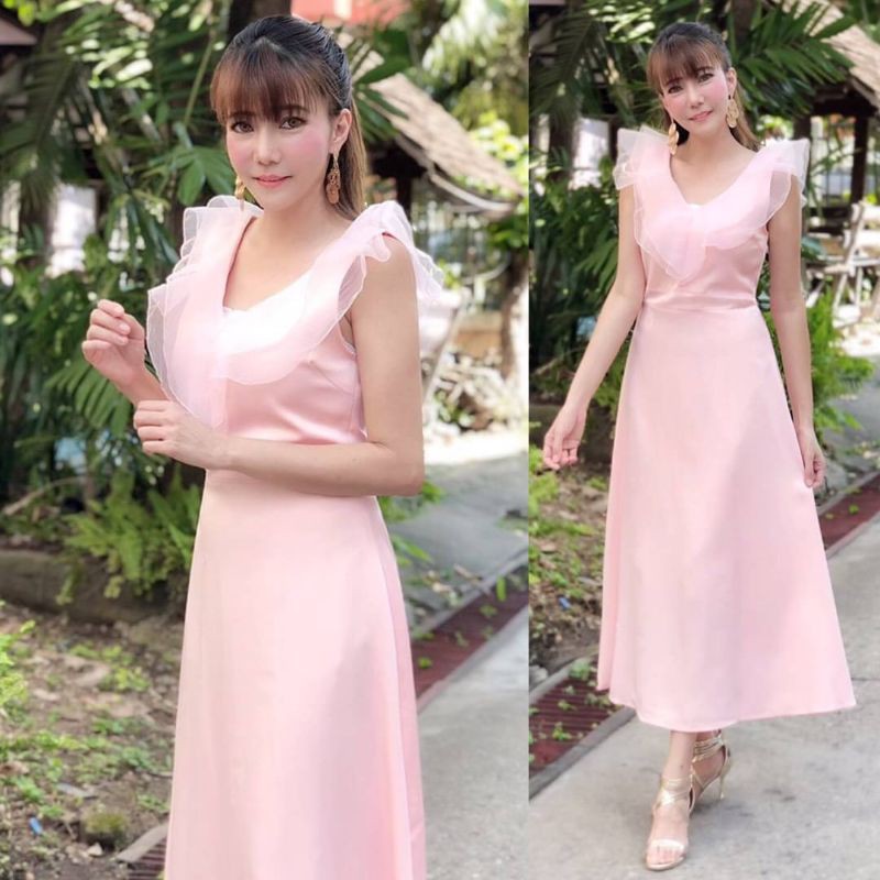 เดรสออกงาน-m-l-maxi-dress-เดรสยาวสีชมพูคอวีแต่งระบายผ้าแก้ว-งานป้าย-love-love