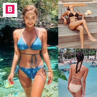 BikiniFC🧸 (M-XL) SB176 มี4สี ทูพีซ บิกินี่สามเหลี่ยม มีฟองน้ำเสริม ชุดผูกคอผูกหลังผูกเอวโชว์หุ่นแซ่บ สีพื้น บิกินี่