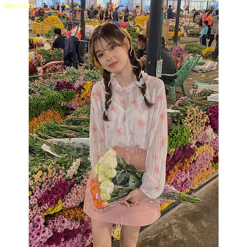 จัดส่งที่รวดเร็ว-กระโปรงยีนส์ผูกโบว์สีชมพูผู้หญิงเวอร์ชั่นเกาหลีเอวสูงกระโปรงทรงเอทรงเอทรงหวาน