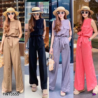 **แชทถามก่อนโอนนะคะ**ติดตามร้านลด 20บ.TW13555   Jumpsuit จั๊มสูทขายาว คอกลมแขนกุด ดีเทลกระเป๋าหลอกช่วงอก