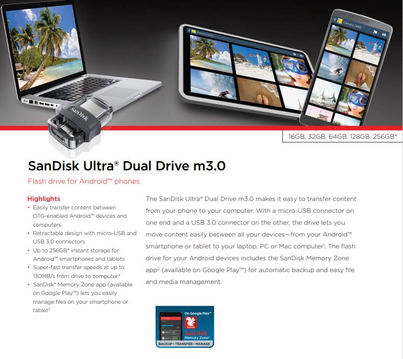 เกี่ยวกับสินค้า SanDisk Ultra Dual Drive m3.0 128GB (SDDD3_0128G_G46) แฟลชไดร์ฟ สำหรับ สมาร์ทโฟน และ แท็บเล็ต Android