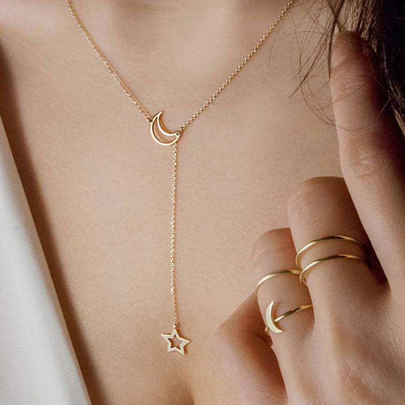 สินค้า Korea Elegant Vintage Necklace Simple Gold Moon Star Fashion Dangle Choker Female Accessories Gift