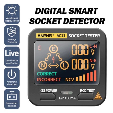 ช็อกเก็ตทดสอบไฟฟ้า ANENG AC11 Digital Smart Socket Tester Voltage Test ...