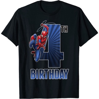 เสื้อวันพีช Tee เสื้อยืดลำลอง Marvel Spider-Man Swinging 4th Birthday Graphic T-Shirt Avengers Team