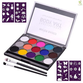 Professional Body Art Face Painting Kit Water Based Removable Body Paints 15 Colors Palette with 2 Paintbrushes and 4 Templates for Halloween Costume Makeup Themed Party Supplies
