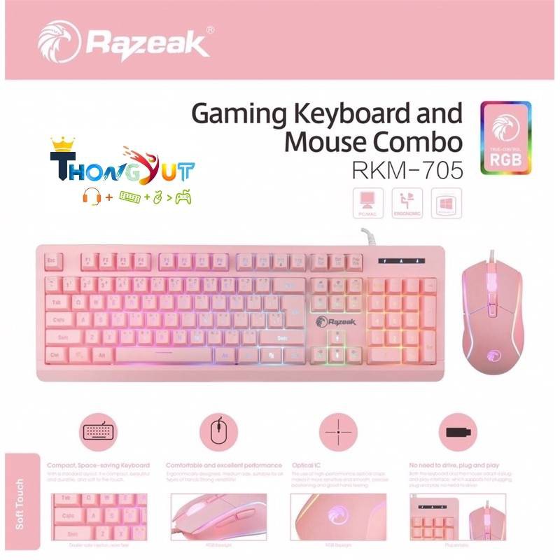 (SALE) Razeak RKM-705 Keyboard+Mouse Combo สีชมพูทั้งชุด(ไม่มีกล่อง มี ...