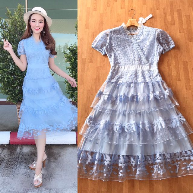 เดรสลูกไม้ฟ้า-m-l-dress-เดรสสีฟ้าปักลูกไม้กระโปรงระบายชั้นๆ-งานป้าย-love-love