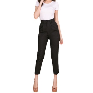 กางเกงขายาวเอวสูงทรงกระบอกรุ่นกระดุมคู่ 7 ส่วน ยาว 36 นิ้ว (MC7) มีกระเป๋าข้าง ทรงสวยมากๆ กางเกงเอวสูงขายาวผู้หญิงสีดำ