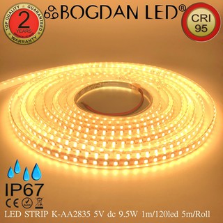 LED STRIP K-AA2835-120-3000K DC-5V 9.5W/1M IP67 ยี่ห้อBOGDAN LED แอลอีดีไฟเส้นสำหรับตกแต่ง 600LED/5M 47.5W/5M Grade A