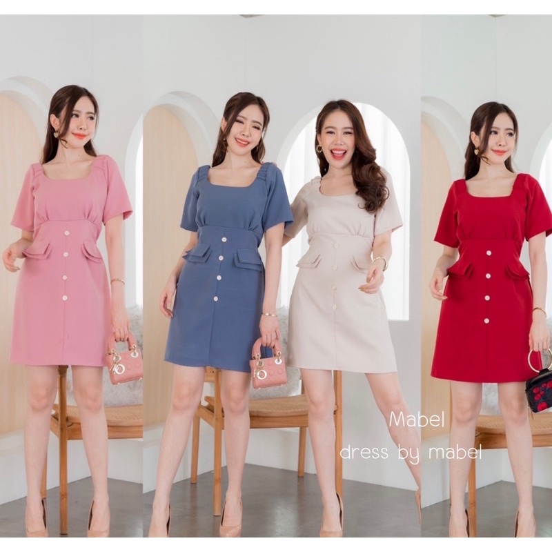 c60เดรสคอเหลี่ยมดึงยางไหล่-แบบน่ารักมาก-แต่งฝากระเป๋า2ชั้น-ติดกระดุมหลอก-งานน่ารักดูดีมากก