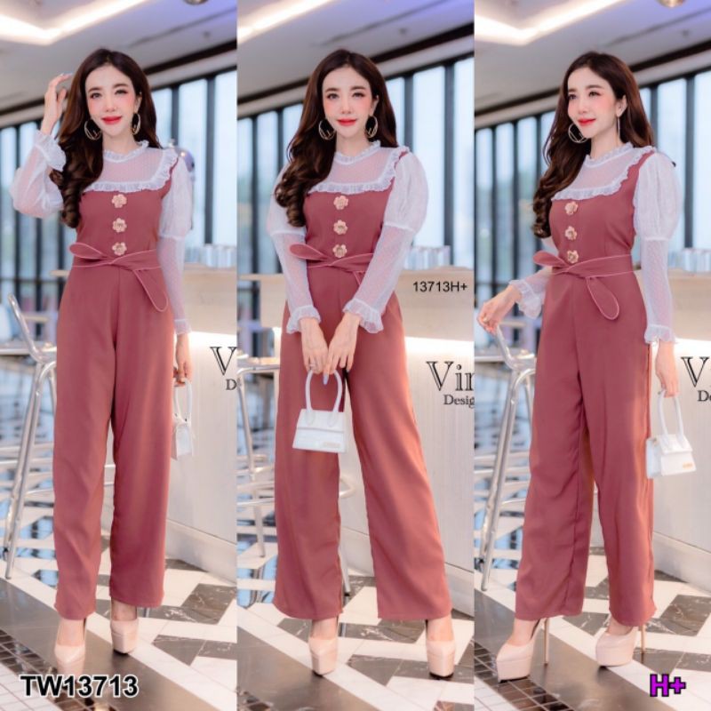 tw13713jumpsuit-จั๊มสูทขายาว-ตัดต่อผ้ามุ้งสีขาวซีทรูลายจุด-แขนพองยาว-ทรงคอระบาย-แขนยาว-ระบายปลายแขน