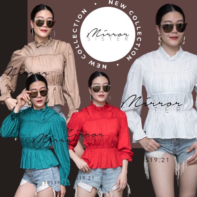 ป้าย-mirrorsister-10519-21-เสื้อมีดีไซน์ดีเทลเก๋ปลายแขนระบายสม็อค-ช่วงตัวและช่วงคอจับย่นสม็อคยืดหยุ่น4เส้น