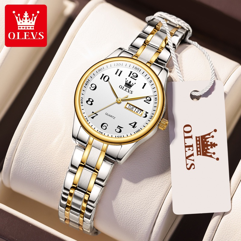 ภาพหน้าปกสินค้าOLVES 5567 นาฬิกาข้อมือผู้หญิงกันน้ำได้ 100% แบรนด์เนมแท้ คู่ นาฬิกาผู้หญิงแฟชั่น สายสเตนเลส ควอตซ์ ถ่าน สีขาว ทอง จากร้าน olevs_official.th บน Shopee