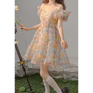 🔥Hot Sale / 22427Floral Square Neck Puff Sleeve Dress Womens New Small Fairy Sling Small Fresh Love Short Skirt
