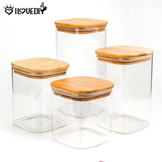 Airtight Food Square Glass Jar With Lid/ Grains Tea Sweets Dry Food Sealed Cans/ Kitchen Storage Container