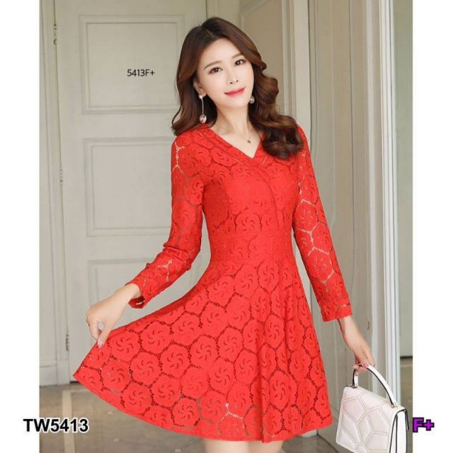 tw5413-dress-ลูกไม้ลายสวยงามทั้งตัว-แขนยาว-มีซิปหลังปละซับใน