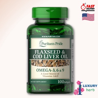 ภาพหน้าปกสินค้าPuritan\'s Pride Flaxseed & Cod Liver Oil 1000 mg Omega 3, 6 & 9 100 softgels exp12/2024 ที่เกี่ยวข้อง