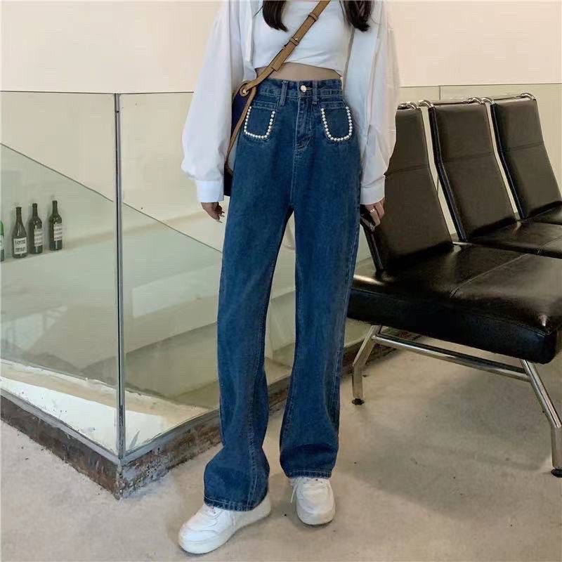 fashion-กางเกงกระเป๋าลูกปัด-ยีนส์-น่าฮักทรงขากระบอก-ยีนส์เข้ม-เนื้อผ้าดีระบายอากาศใส่สบาย-c57