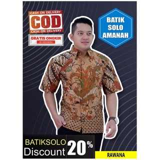 Rawana BATIK INDONESIA BATIK SOLO BATIK เสื้อเชิ้ตแขนสั้น ผ้าฝ้าย พรีเมี่ยม ลายใบไม้ 3rd WIKRAMA MAHADEWA สีน้ําเงิน สีเหลือง