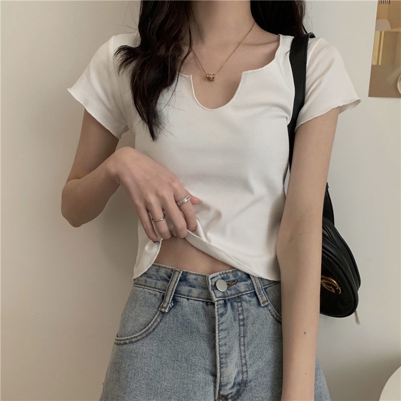 ใหม่-เสื้อยืดแขนสั้น-คอวี-สีพื้น-ทรงสลิม-สําหรับผู้หญิง