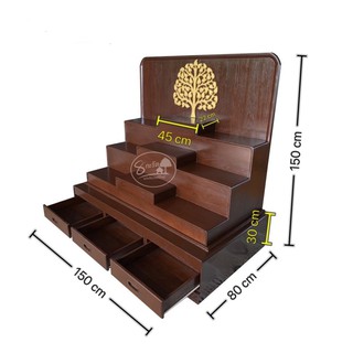 โต๊ะหมู่บูชาโมเดิร์นขนาดลึก80ซม. ยาว150ซม. สูง150ซมวางพระลึก22 ซม. ยาว45 ซม.ฉากหลังใบโพธิ์ สีน้ำตาล (2.9)