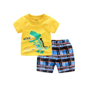 D2kids ชุดเด็กชายเสื้อสีเหลืองลายไดโนเสาร์+กางเกงลายสก๊อต