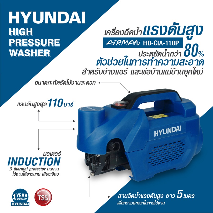 ภาพสินค้าHYUNDAI HD-CIA-110P AIRMAN ฮุนไดเครื่องฉีดน้ำแรงดันสูง 110 บาร์ พร้อมหัวฉีดล้างแอร์ครบชุด จากร้าน koreapowerproducts.th บน Shopee ภาพที่ 4