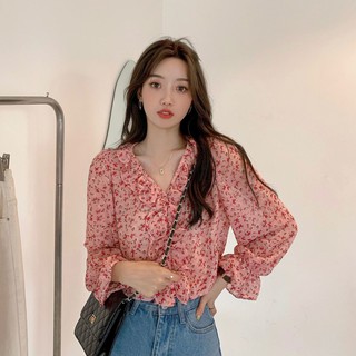 🔥เกาหลีขายร้อน South Korea ins blouse women sweet 2021 new fashion Korean anti-sei small shirt เสื้อเชิ้ตชีฟองลายดอกไม้
