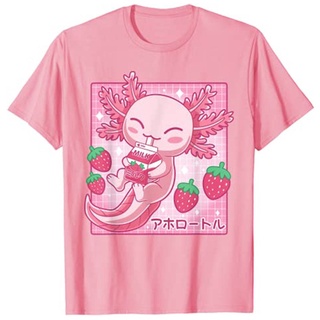 เสื้อยืด ลายการ์ตูนอนิเมะ Kawaii Axolotl Strawberry Milk Shake สไตล์ญี่ปุ่นS-5XL