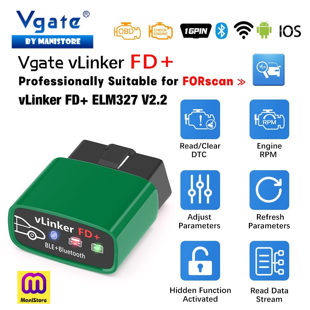 ภาพหน้าปกสินค้าvLinker FD+ ELM327 V2.2 Bluetooth 3.0/ BLE 4.0/ WiFi For FORScan OBD2 Car Diagnostic Scanner Auto Tool