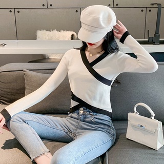 เสื้อสเวตเตอร์ถักคอวีไขว้เซ็กซี่ด้านบนสุทธิสีแดงแขนยาวสั้นเสื้อสเวตเตอร์หลวมผู้หญิงใหม่ style