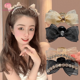 Elegant Rhinestone Ribbon Bowknot Hairpin/ Korean Double Side Mesh Shark Hair Clip