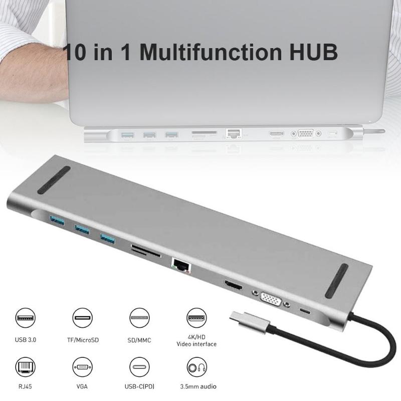 Hama 10in1 USB-C Docking Station - HDMI, DisplayPort, LAN, USB-A/C | 4K, Grau, Für Home-Office