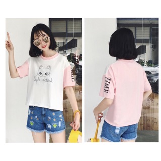 Tjเสื้อยืดแฟชั่น คอกลม แขนสั้น ลายแมว สีขาว รหัสสินค้า HH2401 ขาว