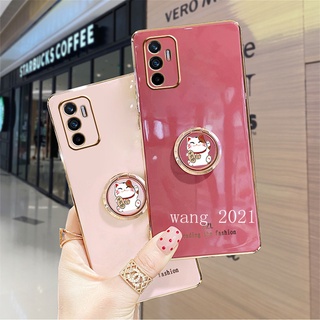 2021 New Casing Vivo V23e 5G เคส Phone Case Electroplating Straight Edge Mobile Protective Case with Cat Stand Soft Case เคสโทรศัพท