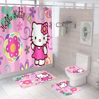 180*180cm Hello Kitty อะนิเมะม่านอาบน้ำ โพลีเอสเตอร์ กันน้ำ ตกแต่งห้องน้ำ พรม ฝาชักโครก ชุด 4 ชิ้น