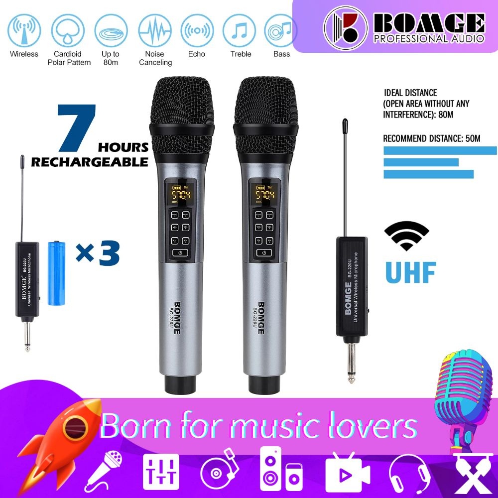 ภาพหน้าปกสินค้าBOMGE UHF ไมโครโฟนไร้สาย, ระบบไมโครโฟนแบบไดนามิกโลหะไร้สายแบบคู่พร้อมตัวรับสัญญาณแบบชาร์จและไมโครโฟน, เหมาะสำหรับการร้องเพลงคาราโอเกะ, งานแต่งงาน, ดีเจ, ปาร์ตี้, ห้องเรียน, 80M