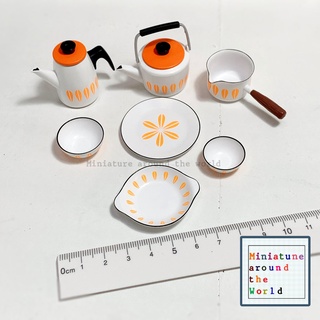 ของจิ๋ว ชุดเครื่องครัวจิ๋ว สีขาว-ส้ม kitchenware miniature toy จานจิ๋ว ชามจิ๋ว กาน้ำจิ๋ว blue dollhouse ตกแต่งบ้านตุ๊กตา