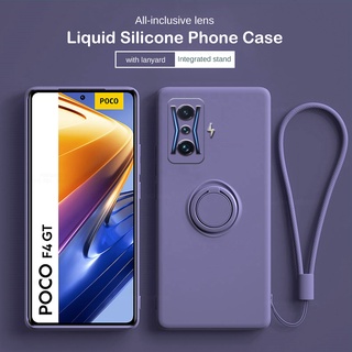 Pofo F4GT Case Liquid Silicon Soft Cover For Xiaomi Poco F4 GT pocof4 G T shell Magnetic Holder Ring With Lanyard Protect Fundas