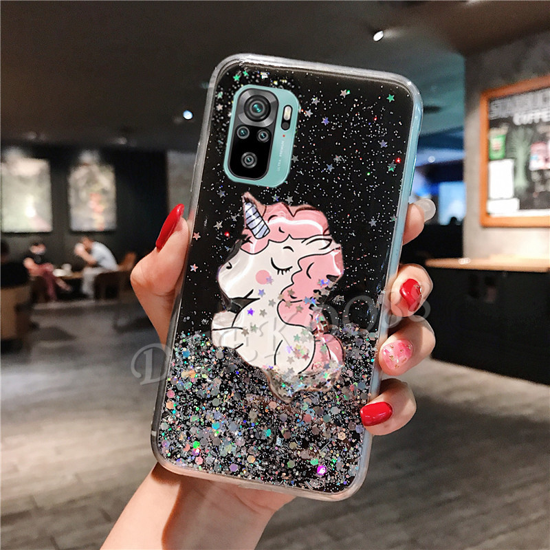 เคสโทรศัพท์-xiaomi-redmi-note-10-phone-case-cute-cartoon-unicorn-glitter-bling-transparent-case-softcase-full-stars-with-water-stand-holder-casing-เคส-redmi-note10-pro-back-cover