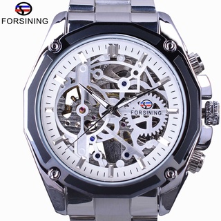 Forsining Silver Steel Steampunk Gear Waterproof Design Automatic Skeleton Wrist Watch Mens Mechanical Watches Top Brand