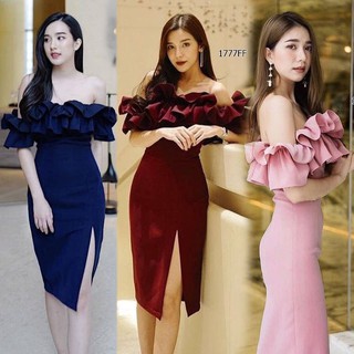 👗H1777 Dress เดรสปาดไหล่ ระบายรอบน่ารัก แอบเซ็กซี่ งานมีซิปซ่อนหลัง ตีเกล็ดหน้าหลัง เอวไม่สม็อค ทรงเข้ารูป ดีเทลผ่าแหวก