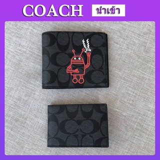 Coach F11945 กระเป๋าสตางค์ กระเป๋าสตางค์ใบสั้น กระเป๋าสตางค์ผู้ชาย Wallets กระเป๋าสตางค์หนัง รูปแบบหุ่นยนต์น่ารัก