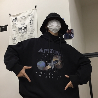 เสื้อฮู้ดตัวใหญ่   M-3XL   เสื้อฮู้ดผ้าฟลีซพิมพ์ลาย Universe หลวม ๆ