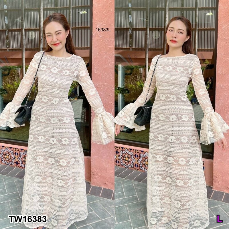 b16383-แมกซี่เดรส-ลูกไม้-แขนยาวปลายแขนระบาย-lace-maxi-dress-with-long-sleeves-and-flared-cuffs