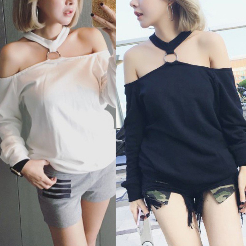 เสื้อกันหนาวแขนยาว-เสื้้อฮู้ดแบบเปิดไหล่-แฟชั่นสตรี