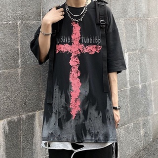 【🔥🔥】เสื้อเท่ๆ เสื้อโอเวอร์ไซส์ ✝️ไม้กางเขน✝️เสื้อยืด หลวม กราฟฟิตี สไตล์ญี่ปุ่น รูปแบบหล่อ