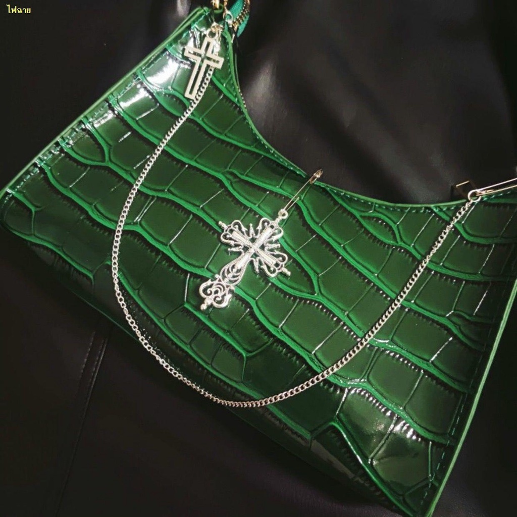 จัดส่งทันที-ต้นฉบับโฮมเมดลายจระเข้-cross-กระเป๋าถือผู้หญิง-baguette-สีเขียวไหล่ใต้วงแขน-bag