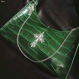 🚀จัดส่งทันที🚀ต้นฉบับโฮมเมดลายจระเข้ cross กระเป๋าถือผู้หญิง baguette สีเขียวไหล่ใต้วงแขน bag