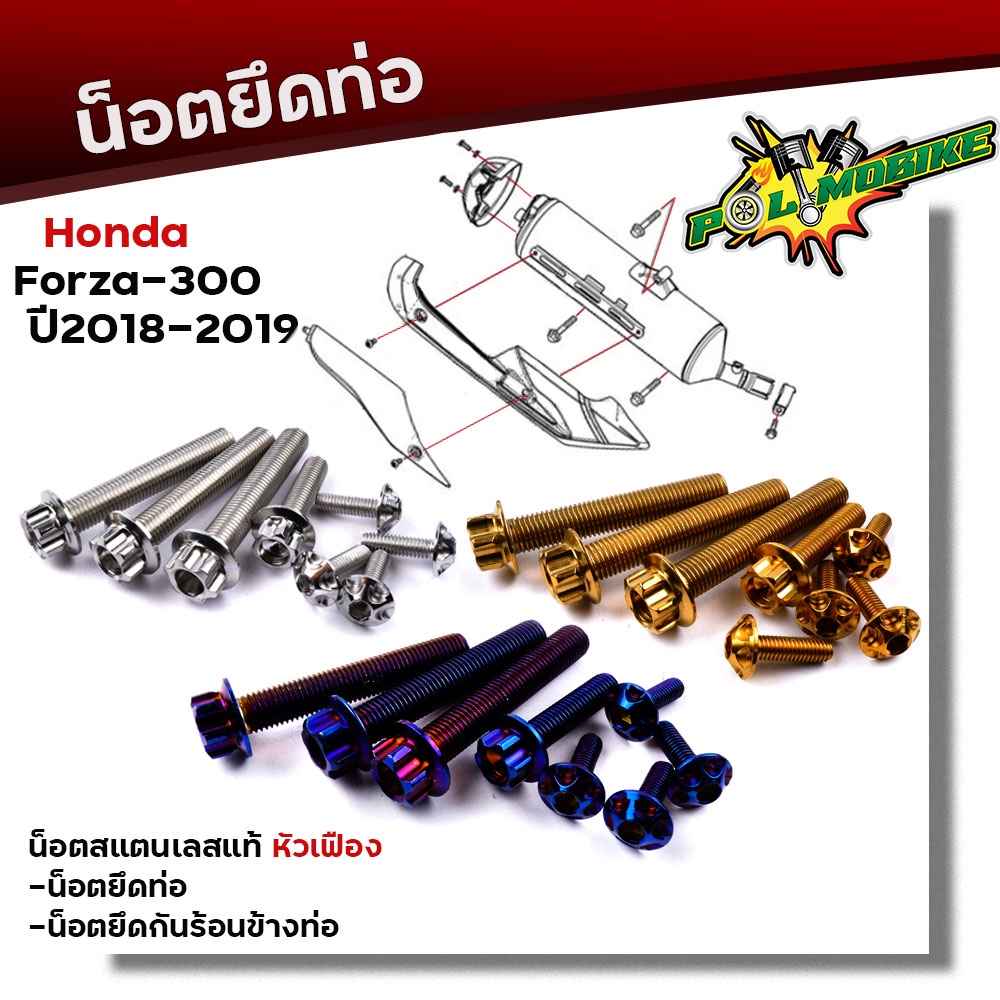 น็อตยึดท่อ FORZA 300 ปี2018-2019 เลสแท้100% (1ชุด 8 ตัว) น็อตสแตนเลสยึดท่อ-หัวเฟือง น็อตยึดท่อ ของแต่งFORZA